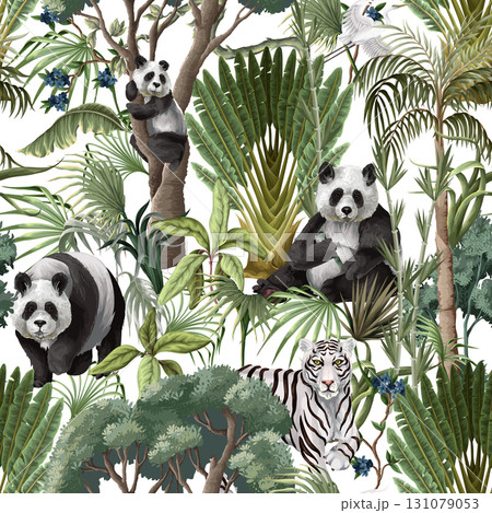 Seamless Jungle Panda Pattern Featuring Tropical Foliage and Exotic Wildlife Illustration Art Seamless Jungle Panda Pattern Featuring Tropical Foliage and Exotic Wildlife Illustration Art 131079053