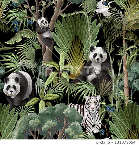 Seamless Jungle Panda Pattern Featuring Tropical Foliage and Exotic Wildlife Illustration Art Seamless Jungle Panda Pattern Featuring Tropical Foliage and Exotic Wildlife Illustration Art 131079054