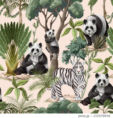 Seamless Jungle Panda Pattern Featuring Tropical Foliage and Exotic Wildlife Illustration Art 131079056