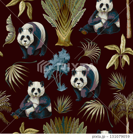 Seamless Jungle Panda Pattern Featuring Tropical Foliage and Exotic Wildlife Illustration Art 131079059