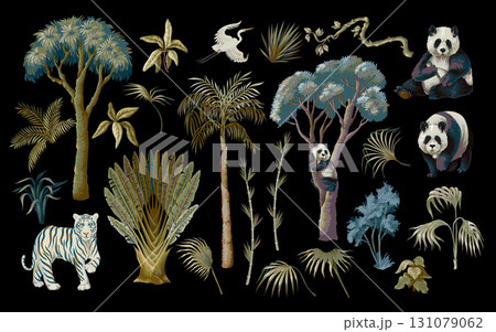 Detailed Isolated Panda Trio Surrounded by Tropical Jungle Foliage Plants Vector Illustration Detailed Isolated Panda Trio Surrounded by Tropical Jungle Foliage Plants Vector Illustration 131079062