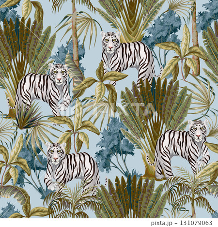 Seamless Tropical Jungle Tiger Pattern with White Striped Wildlife Foliage Repeat Artwork 131079063