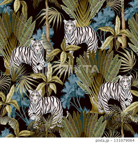 Seamless Tropical Jungle Tiger Pattern with White Striped Wildlife Foliage Repeat Artwork Seamless Tropical Jungle Tiger Pattern with White Striped Wildlife Foliage Repeat Artwork 131079064
