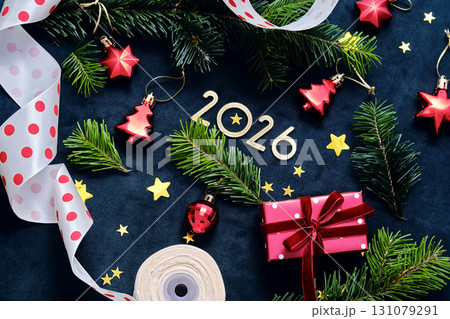 New Year 2026 background. Number of the coming year in Christmas decoration. New Year 2026 background. Number of the coming year in Christmas decoration. 131079291