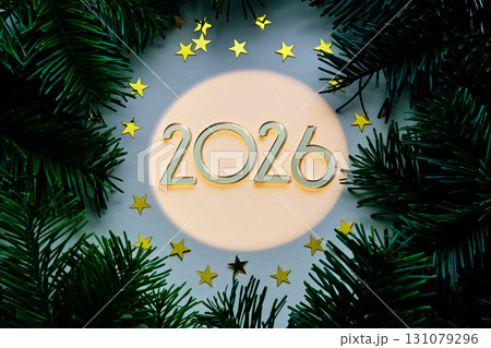 Yellow New Year's background with the number of the coming year 2026. 131079296