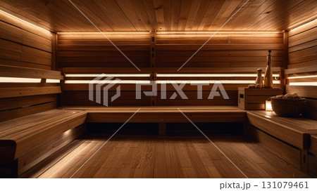 A beautifully designed sauna interior with smooth wood finishes, illuminated benches, and a cozy ambiance, perfect for relaxation and detoxification in a tranquil setting. 131079461