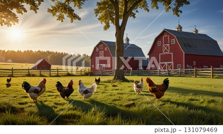 Chickens roam freely in a lush green field, with red barns in the background and a warm sun illuminating the rural landscape. 131079469