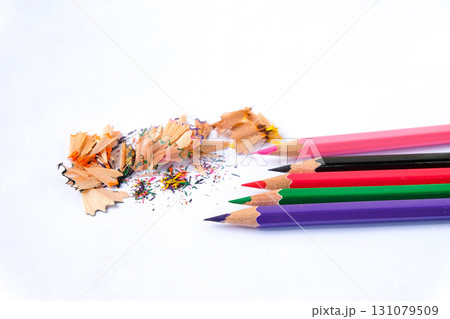 A pencil shavings from color pencil on white. 131079509