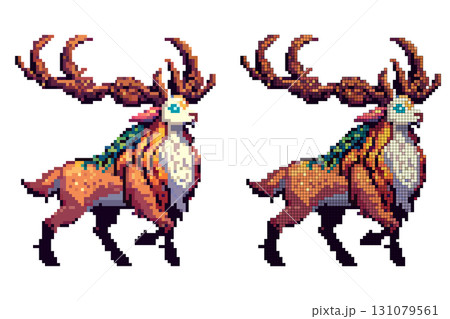 A detailed pixel art scene depicts a majestic creature of a magical deer with large antlers. 131079561