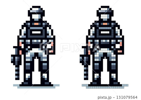 A pixel art character stands in tactical gear, holding a futuristic weapon. The digital figure displays a unique design, embodying the essence of retro gaming graphics A pixel art character stands in tactical gear, holding a futuristic weapon. The digital figure displays a unique design, embodying the essence of retro gaming graphics 131079564
