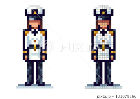 A female officer dressed in a formal white uniform with navy blue details and gold accents stands upright. The artwork is in pixel art style, showcasing a classic military look 131079566