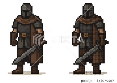 A pixel art character wearing dark armor and a cloak stands confidently, gripping a sword. The warrior is designed in a retro style, suggesting a video game theme 131079567