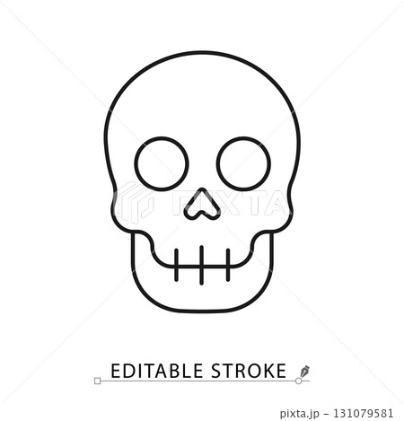A skull icon in minimalist style with editable stroke. Halloween element, horror symbol, spooky decoration, anatomy design, creepy graphic, gothic theme, bone illustration, death concept outline. 131079581