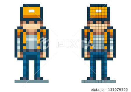 A pixel art character stands still with an orange cap and backpack. This character appears ready for adventure, showcasing a vibrant design against a simple background 131079596