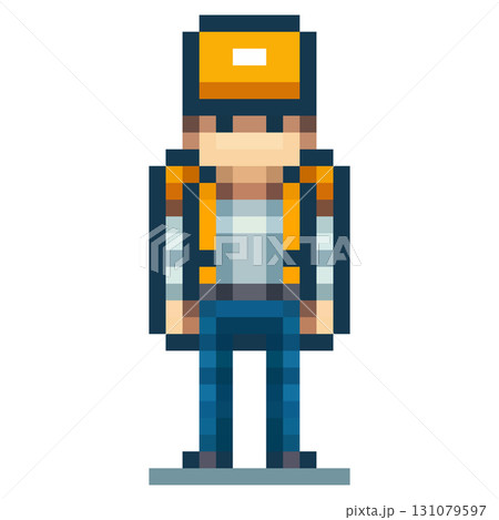 A pixel art character stands still with an orange cap and backpack. This character appears ready for adventure, showcasing a vibrant design against a simple background 131079597