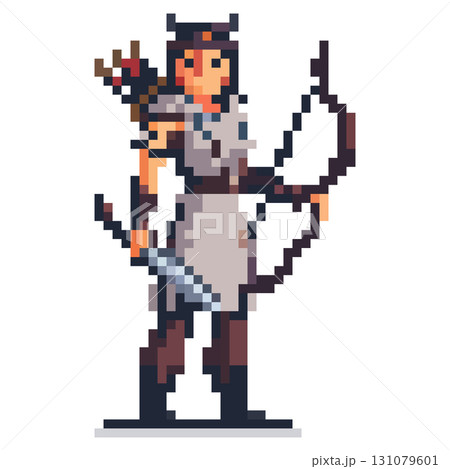 This pixel art features a female archer standing confidently with a bow and quiver. She wears a simple outfit and holds a sword, set against a neutral background suggesting a fantasy theme 131079601