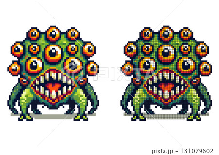 A vibrant, pixelated monster features numerous large eyes and sharp teeth, showcasing a unique design. This creature stands out with green and yellow colors, perfect for a fantasy game setting 131079602