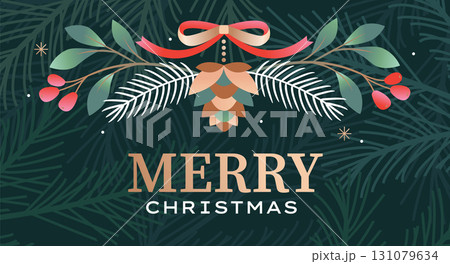 Christmas horizontal greeting card with mistletoe, red berries and wishing happy holiday on coniferous background. Template design for flyer, web, posters, banners, social media. Vector illustration 131079634
