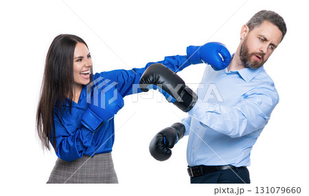 businesspeople ready to fight. working competition. businesspeople in boxing gloves isolated on white. business competition. corporate competition between business partners. failure at workplace businesspeople ready to fight. working competition. businesspeople in boxing gloves isolated on white. business competition. corporate competition between business partners. failure at workplace 131079660