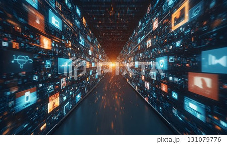 Digital Data Tunnel with Glowing Icons and Bright Light at the E Digital Data Tunnel with Glowing Icons and Bright Light at the E 131079776