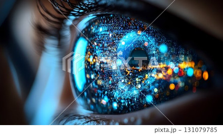 Eye Reflecting Futuristic Cityscape with Glowing Lights and Digi 131079785