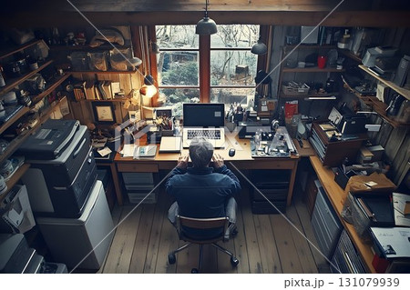 Cluttered Home Office: Man Working at Desk with Laptop and Windo Cluttered Home Office: Man Working at Desk with Laptop and Windo 131079939