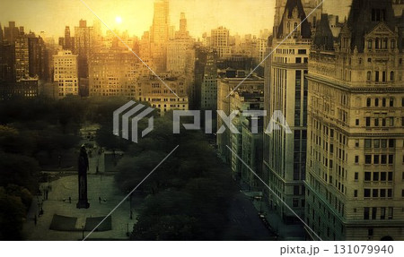 Manhattan Skyline at Sunset: A Textured Urban Landscape with Cen Manhattan Skyline at Sunset: A Textured Urban Landscape with Cen 131079940