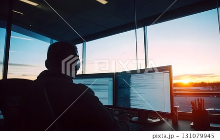 Silhouette of a coder working at sunset with dual monitors and h 131079945