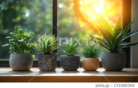 Five potted plants on a wooden ledge bathed in warm sunlight nea 131080368
