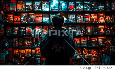 Back view of a person looking at shelves filled with movies in a 131080382