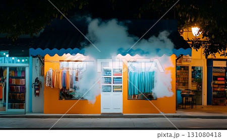 Mystical laundry shop at night with vibrant colors and billowing 131080418