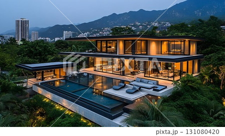 Modern Luxury Home with Infinity Pool Overlooking Lush Greenery 131080420