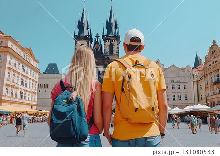 Couple Holding Hands Admiring Tyn Church Towers in Prague's Old Couple Holding Hands Admiring Tyn Church Towers in Prague's Old 131080533