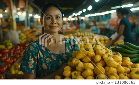 Smiling woman in floral shirt stands amidst vibrant produce at b 131080563
