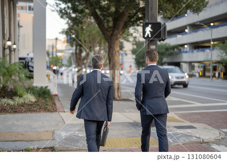 Colleague in New York. Success. Businessmen in suit walk outdoor. Walk to success. Confident businessmen walk in the city. Business men crossing the street. Walk of two business men 131080604