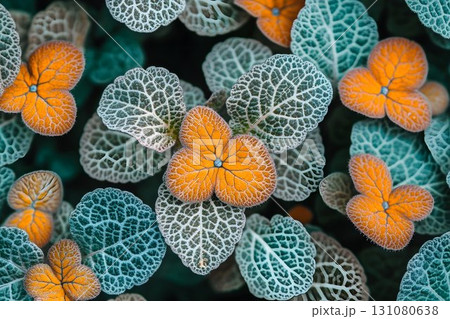 Close-up of Orange Episcia Flowers and Textured Green Leaves wit 131080638