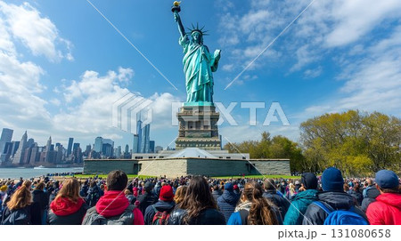 Statue of Liberty stands tall against a vibrant blue sky with a 131080658