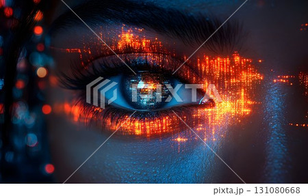 Cybernetic Eye: Glowing Orange and Blue Digital Data Visualizati 131080668