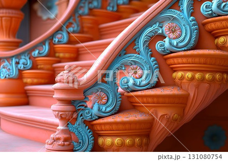 Ornate Staircase Detail with Turquoise Accents and Peach Tones 131080754