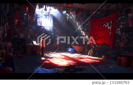 Sunlit Attic Workspace with Red Accents and Cluttered Walls 131080765