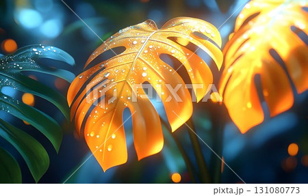 Golden Monstera Leaf with Water Droplets Against a Blurred Blue 131080773