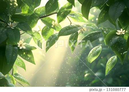 Sunlit foliage with delicate white flowers and ethereal bokeh in 131080777
