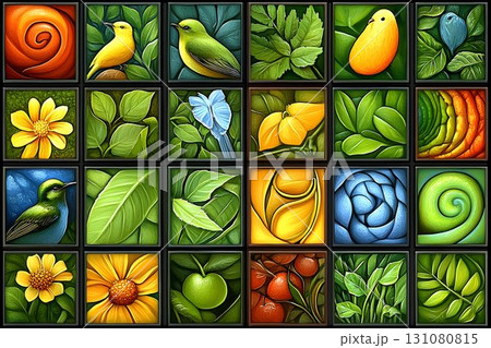 Nature's Palette: A Mosaic of Birds, Blooms, and Botanical Abund 131080815
