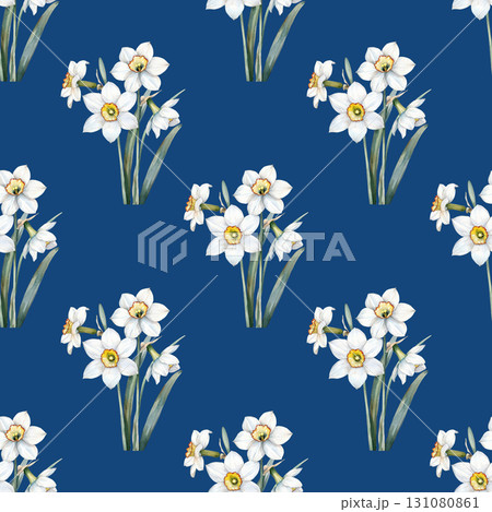 Watercolor repeating pattern of white daffodils with fresh green stems and botanical details. Versatile design for garden content and floral labels 131080861