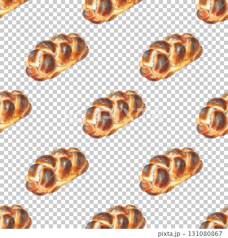 Seamless pattern with watercolor braided buns and poppy seeds on clean white background. Ideal for artisan bakery branding and food blogs 131080867