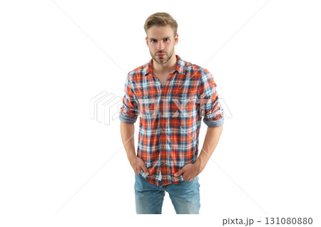 Stylish man with hairstyle. Trendy fashion style. Male casual style. Caucasian casual guy. Handsome and young guy model. Male model. Man in checkered shirt isolated on white. Stylish everyday wear 131080880