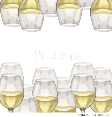 Glasses with white wine watercolor banner. Hand drawn transparent glass with beverage, traditional summer and Italian drink for dinner clipart for card, invitation, menu, packing design Glasses with white wine watercolor banner. Hand drawn transparent glass with beverage, traditional summer and Italian drink for dinner clipart for card, invitation, menu, packing design 131081098