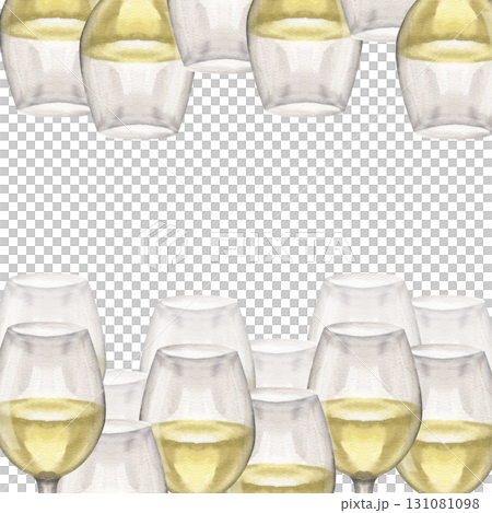Glasses with white wine watercolor banner. Hand drawn transparent glass with beverage, traditional summer and Italian drink for dinner clipart for card, invitation, menu, packing design Glasses with white wine watercolor banner. Hand drawn transparent glass with beverage, traditional summer and Italian drink for dinner clipart for card, invitation, menu, packing design 131081098