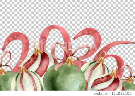 Christmas and New Year festive banner with watercolor green and striped retro balls and trendy numbers illustration.Hand drawn 2026 year clipart with Christmas tree decorations clipart for card design Christmas and New Year festive banner with watercolor green and striped retro balls and trendy numbers illustration.Hand drawn 2026 year clipart with Christmas tree decorations clipart for card design 131081100