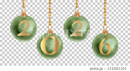 Christmas tree decorations banner with watercolor green balls on golden garland with golden New 2026 year numbers illustration. Traditional festive clipart for card, invitation, poster design 131081101